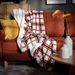 inny Koc z sherpą kremowy kratka DOLLY 150x200 cm