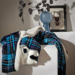 Koce I Narzuty|inny Koc z sherpą niebieska kratka DOLLY 150x200 cm