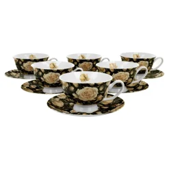 Komplet 6 filiżanek ze spodkami ROYAL ENGLISH ROSES BLACK 250 ml