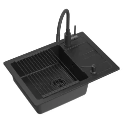 Zlewozmywaki| Komplet zlewozmywak QUADRON czarny SMART 62x44 cm z baterią, dozownikiem, matą i syfonem