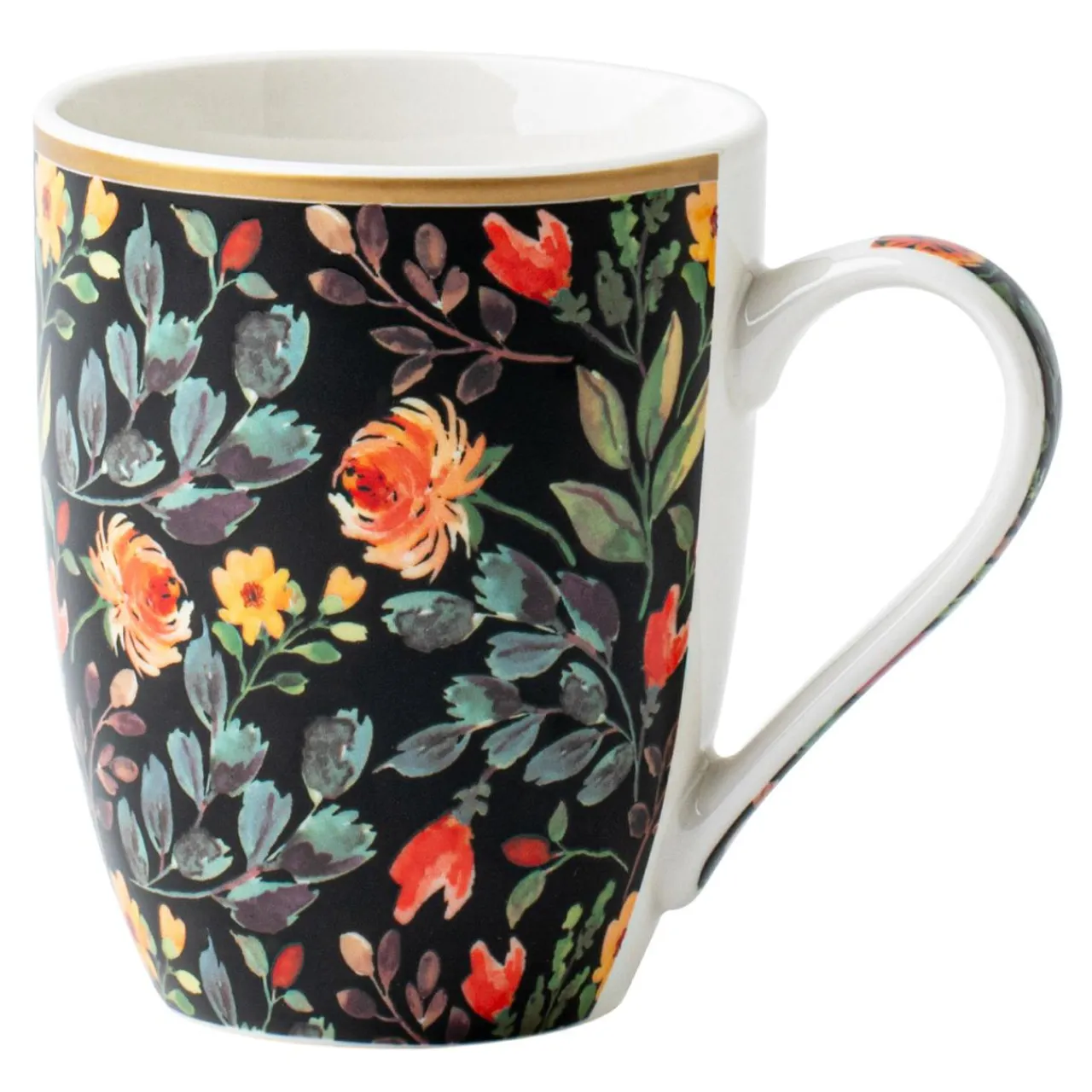 inny Kubek porcelanowy w kolorowe kwiaty na czarnym tle 330 ml