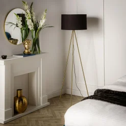 Lampy Podłogowe|domiluce Lampa na złotym trójnogu abażur welur czarny INGA