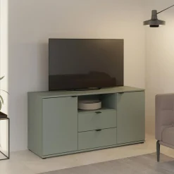 FORTE Szafka RTV 2-drzwiowa z szufladami i wnęką GANYMEDE szałwia