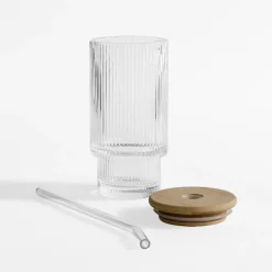 Szklanki I Kubki|inny Szklanka ryflowana z bambusową pokrywką i słomką 320 ml