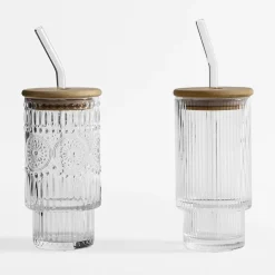Szklanki I Kubki|inny Szklanka ryflowana z bambusową pokrywką i słomką 320 ml