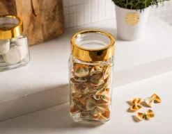 Pojemniki Na Żywność| Szklany pojemnik do żywności ze złotą pokrywką 1l