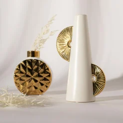 Wazony| Wazon biało-złoty okrągły 15 cm