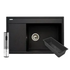 PYRAMIS POLSKA SPÓŁKA Z OGRANICZONĄ ODPOWIEDZIALNOŚCIĄ Zlewozmywak czarny z wkładką ociekową prawy ARES 79x50 cm + korkociąg